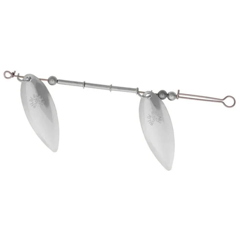 A silver metal fishing jig with two teardrop-shaped blades, a central rod, and wire loops at the ends, shown against a plain white background.