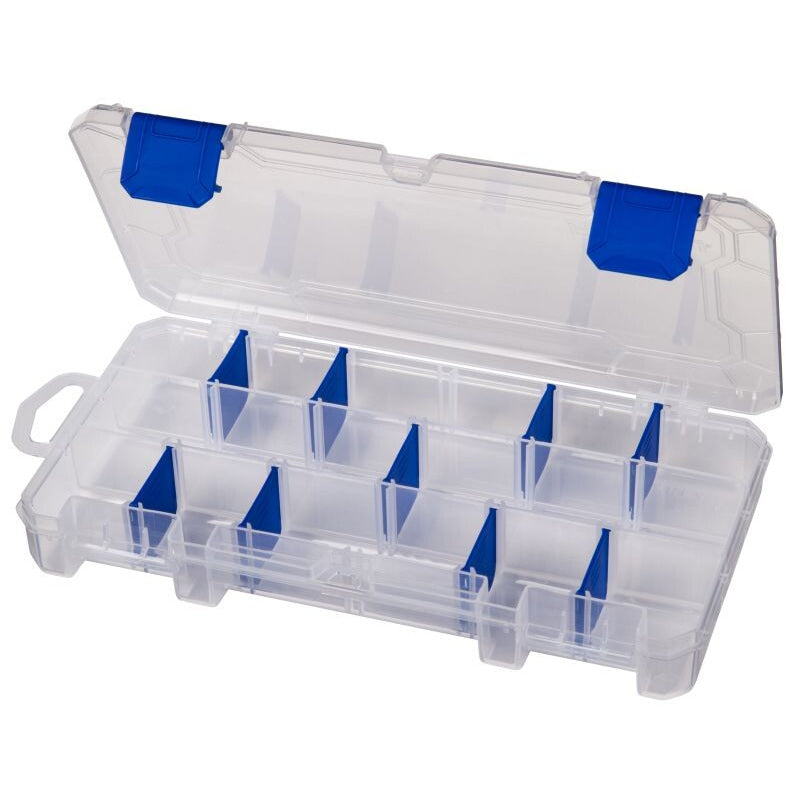 Clear plastic storage box with blue lids on a white background-Willapa Outdoor