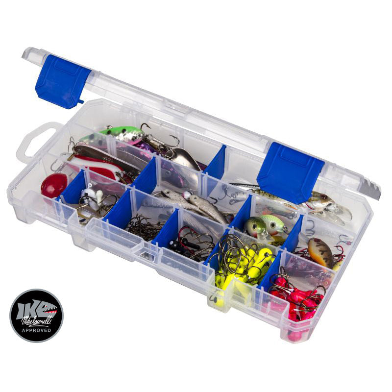 Clear tackle box with blue lids containing various fishing lures on a white background-Willapa Outdoor