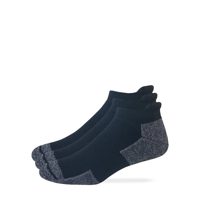 Pair of black ankle socks with gray accents on a white background