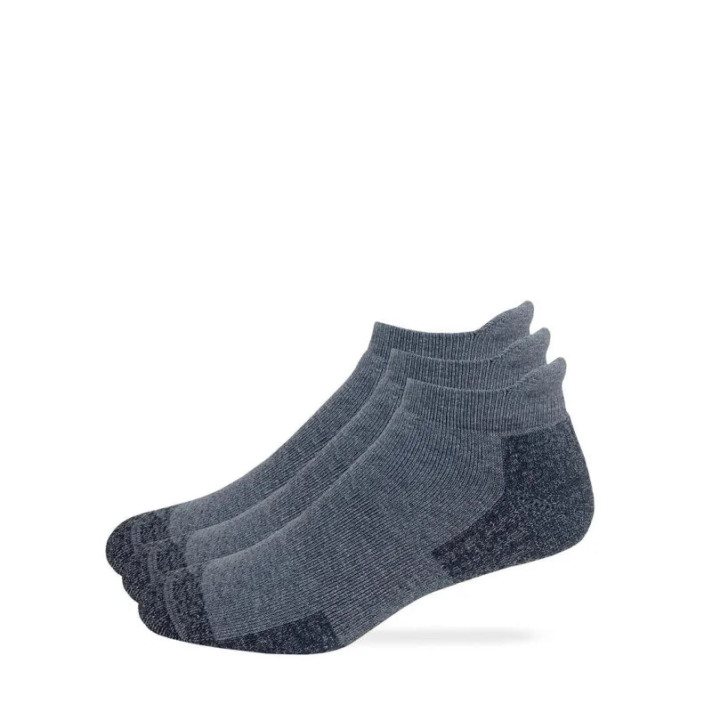 Three pairs of gray ankle socks on a white background