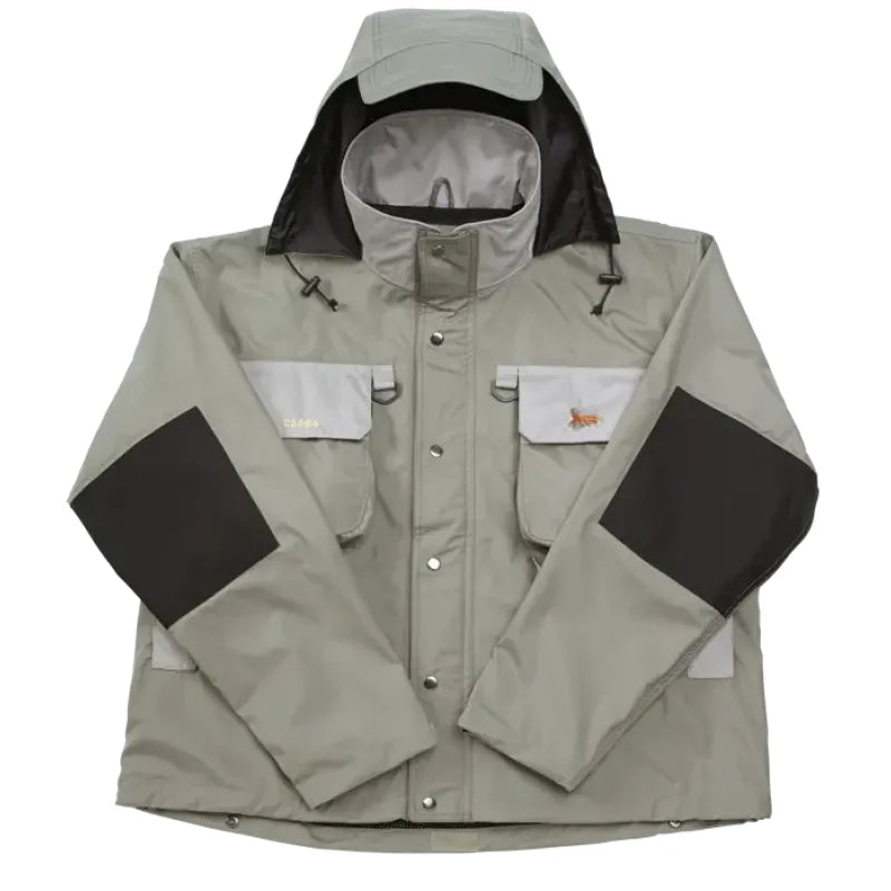 Light gray jacket with black arm patches on a white background-Willapa Outdoor