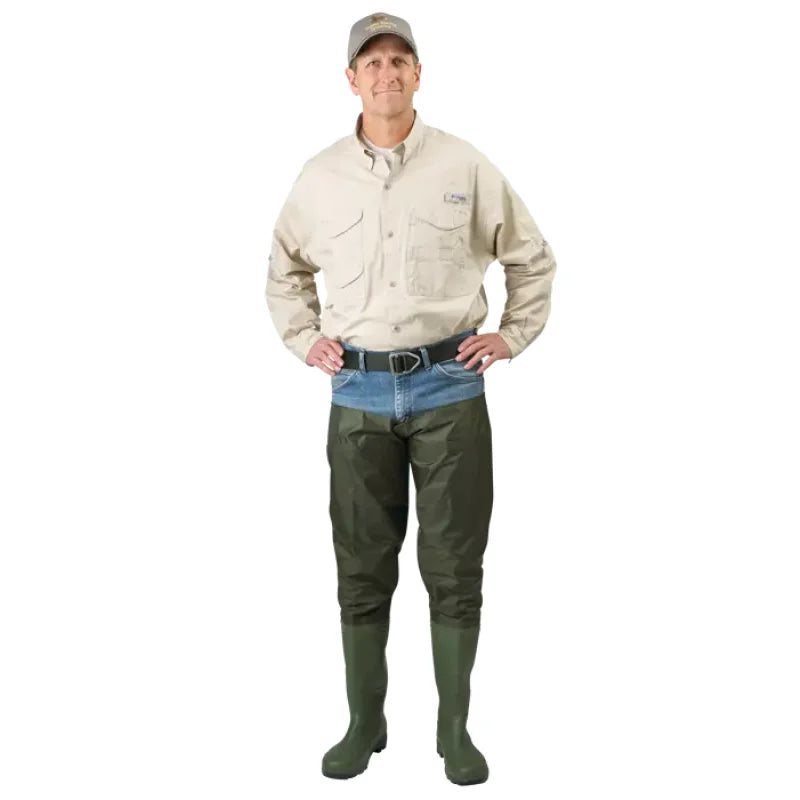 Man wearing a beige shirt, green waders, and a cap on a white background-Willapa Outdoor
