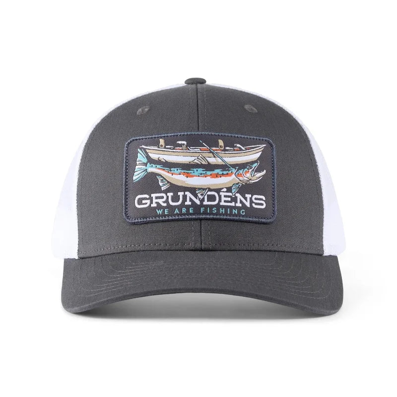 Grunden's Drift Boat Trucker Hat - Bold Trout & Boat Design