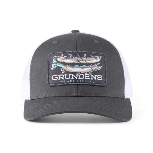 Grunden's Drift Boat Trucker Hat - Bold Trout & Boat Design