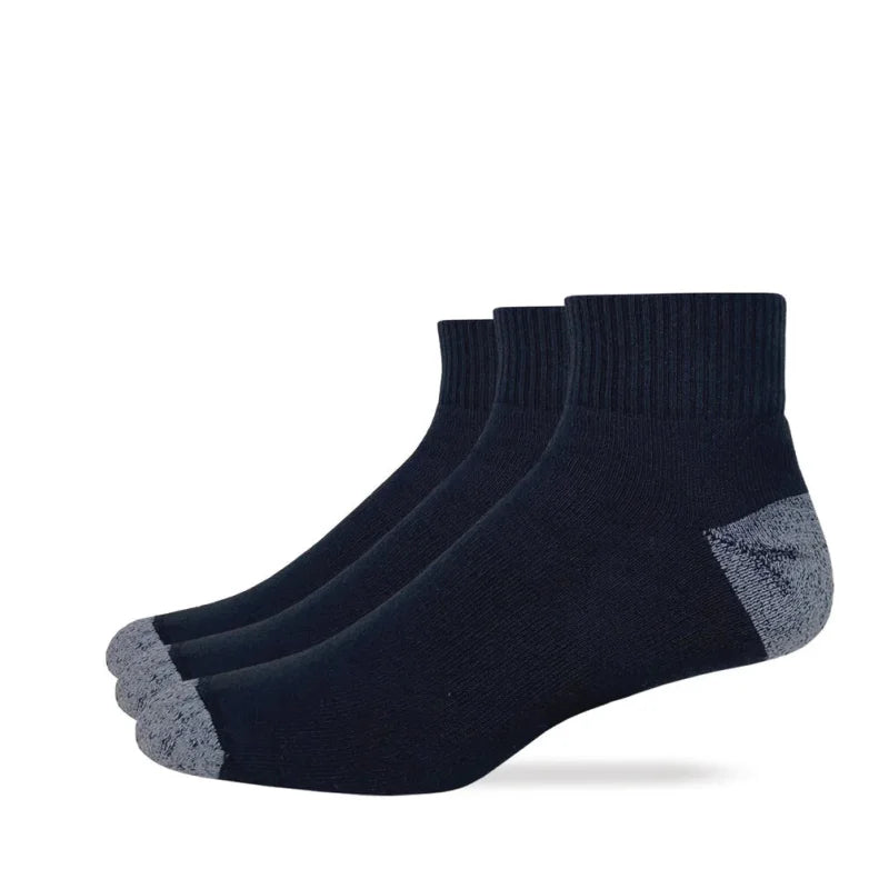 Three pairs of black ankle socks with gray toes and heels on a white background. Willapa Outdoor