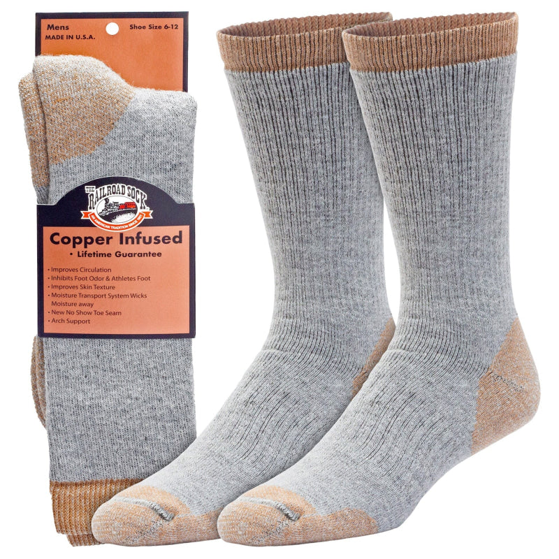 Gray socks with brown accents and packaging on a white background