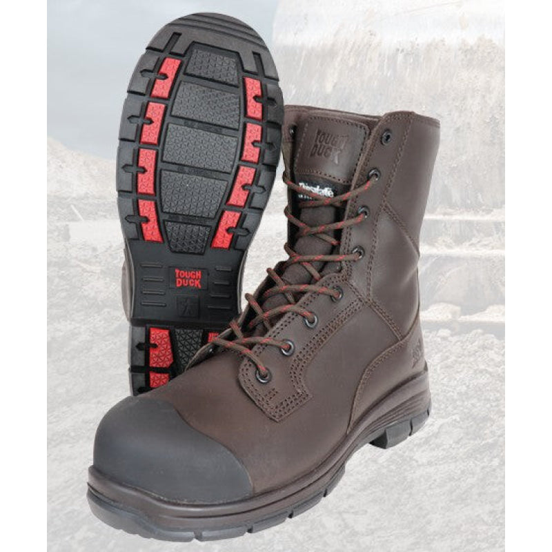 Brown work boot with red sole on a light gray background-Willapa Outdoor
