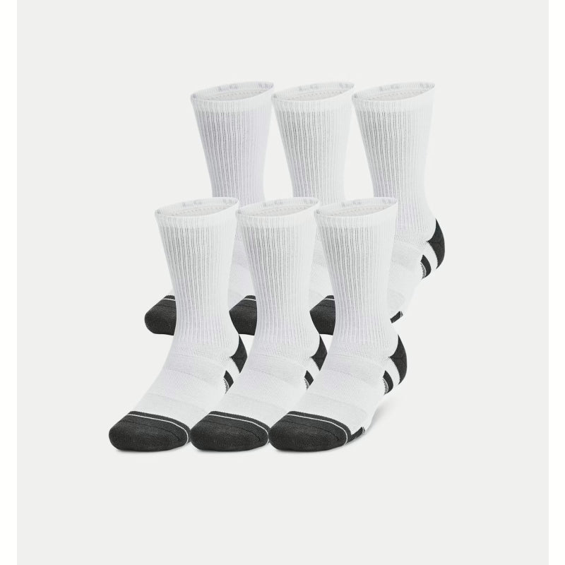 Set of six white socks with black toes and heels on a light gray background-Willapa Outdoor