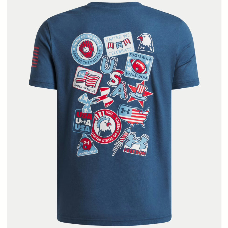 Blue t-shirt with USA-themed graphics on a white background. Willapa Outdoor
