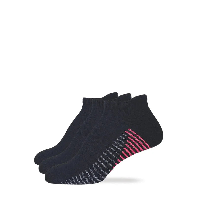 Three pairs of black ankle socks with pink and gray accents on a white background. Willapa Outdoor