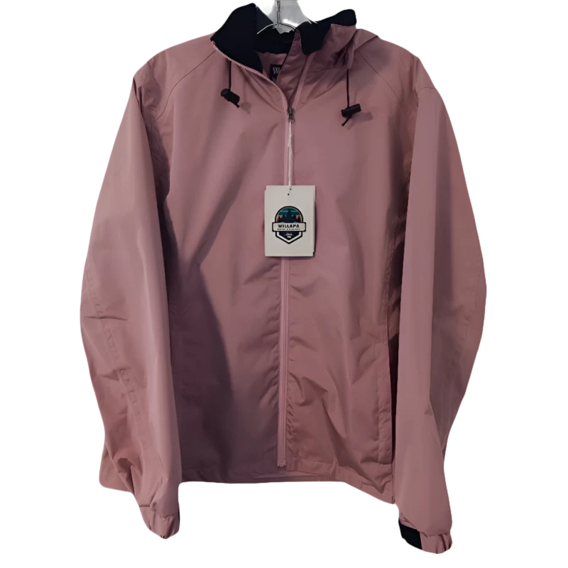 A pink women's rain jacket with a zipper closure and hood, displayed on a mannequin. Willapa Outdoor