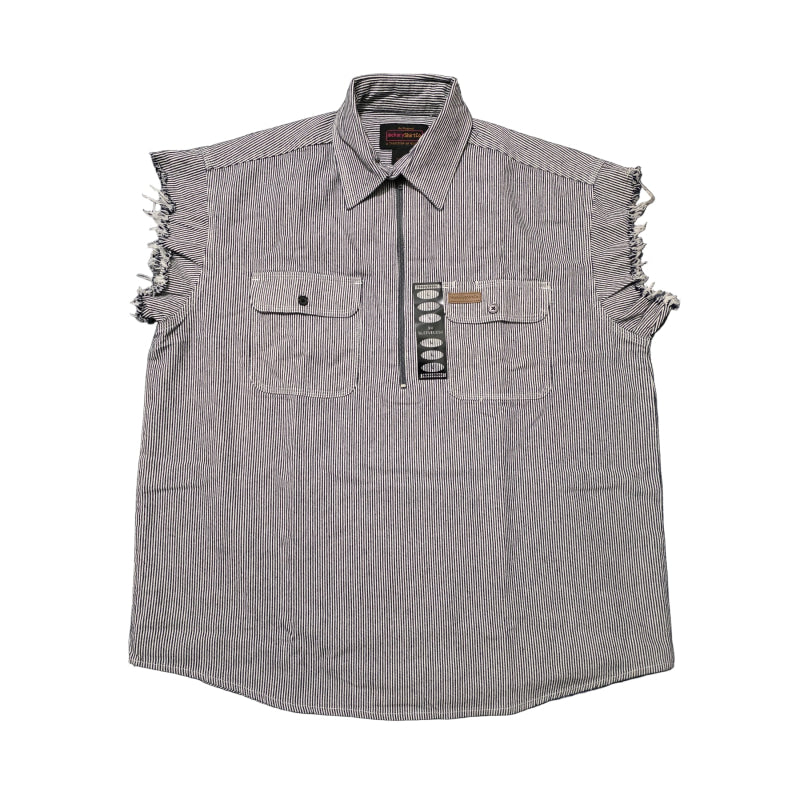 Gray sleeveless shirt with frayed edges on a dark textured background