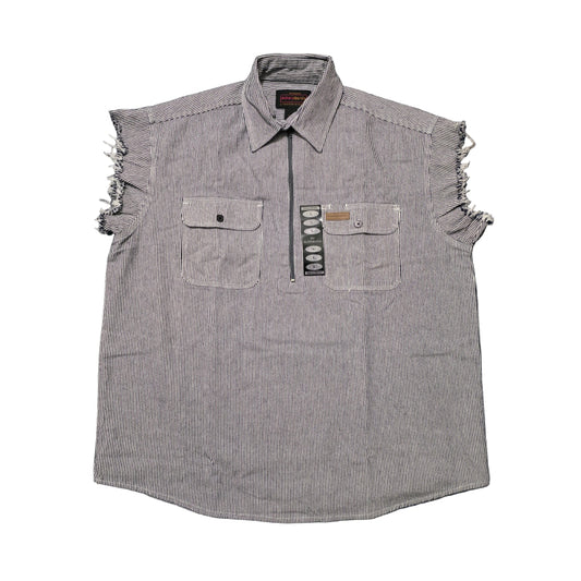 Gray sleeveless shirt with frayed edges on a dark textured background