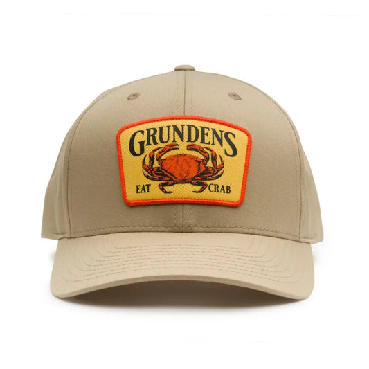 Beige cap with Grundens logo featuring a crab design on a white background-Willapa Outdoor