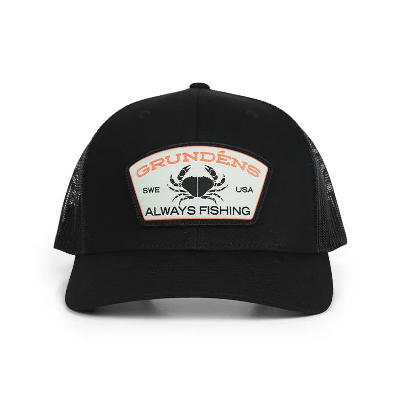 Black cap with a 'Grundéns Always Fishing' patch on a white background-Willapa Outdoor