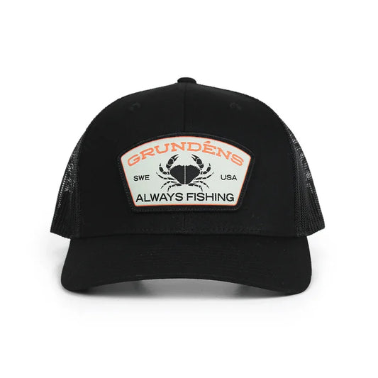 Black cap with a 'Grundéns Always Fishing' patch on a white background-Willapa Outdoor