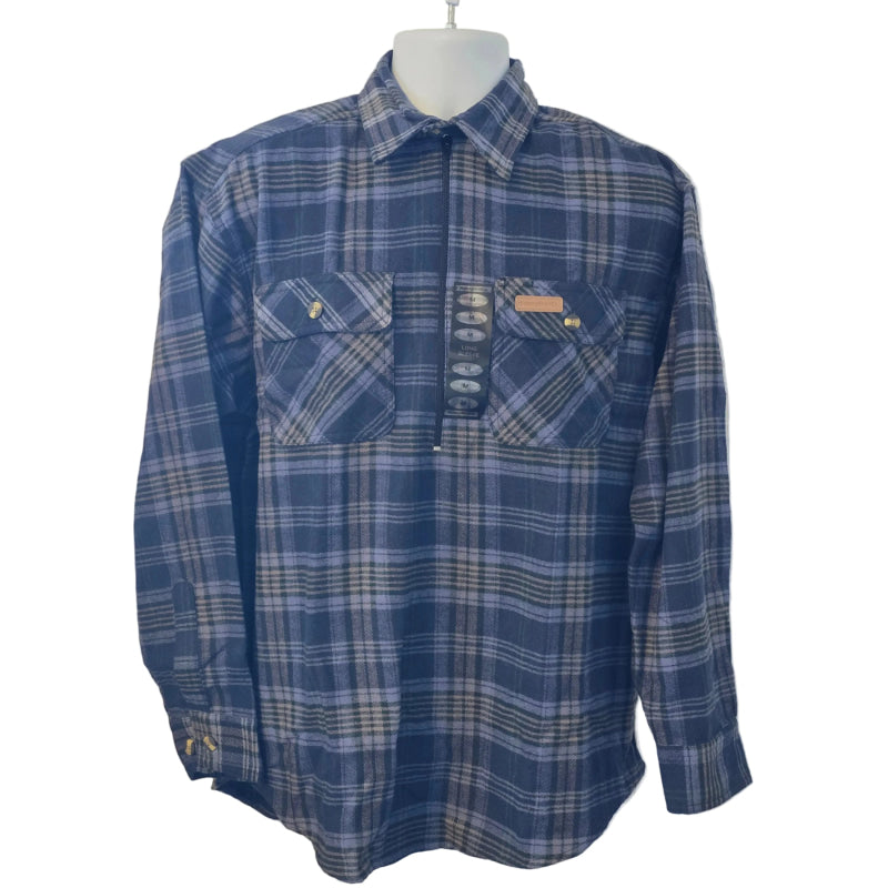 Folded blue plaid shirt on a light background
