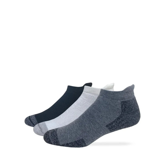 Three pairs of ankle socks in navy, gray, and white on a white background