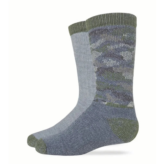 Pair of gray and green patterned socks on a white background. Willapa Outdoor