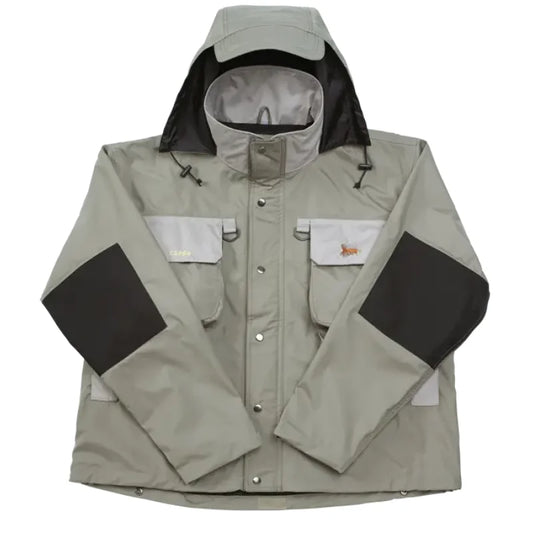 Light gray jacket with black arm patches on a white background-Willapa Outdoor