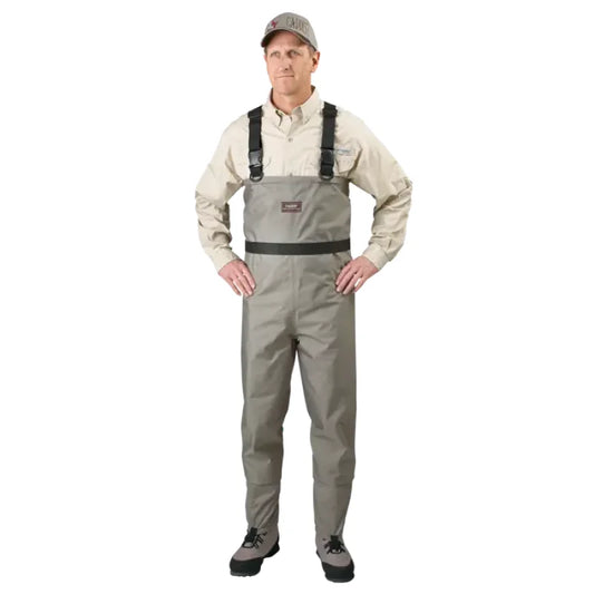 Man wearing gray waders with suspenders on a white background-Willapa Outdoor