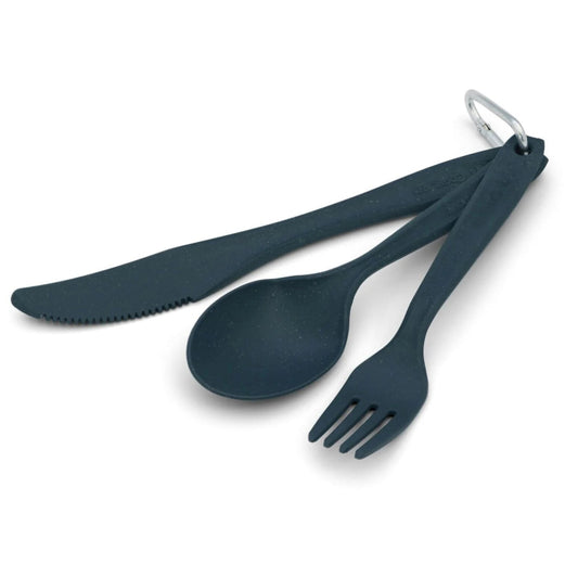 Set of cutlery including knife, spoon, and fork with a keyring on a white background