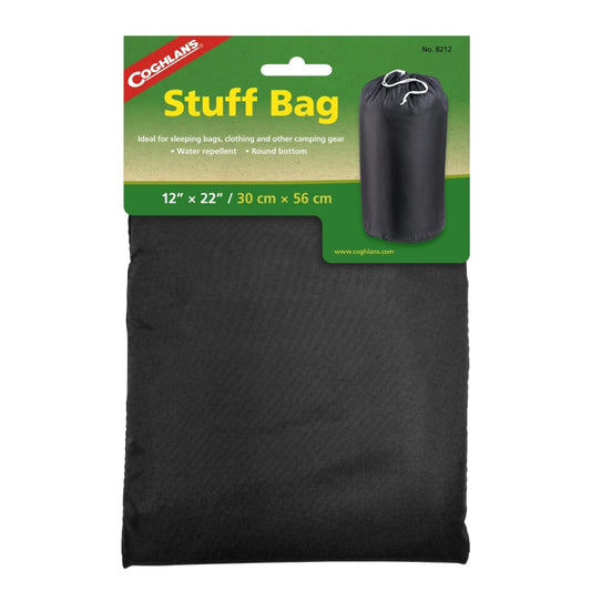 Black camping stuff bag with Coghlan's branding on a green and beige label-Willapa Outdoor