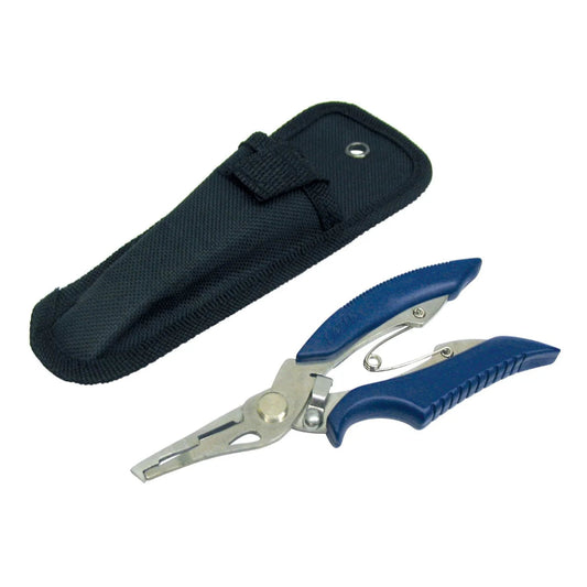 Fishing pliers with blue handles and a black sheath on a white background