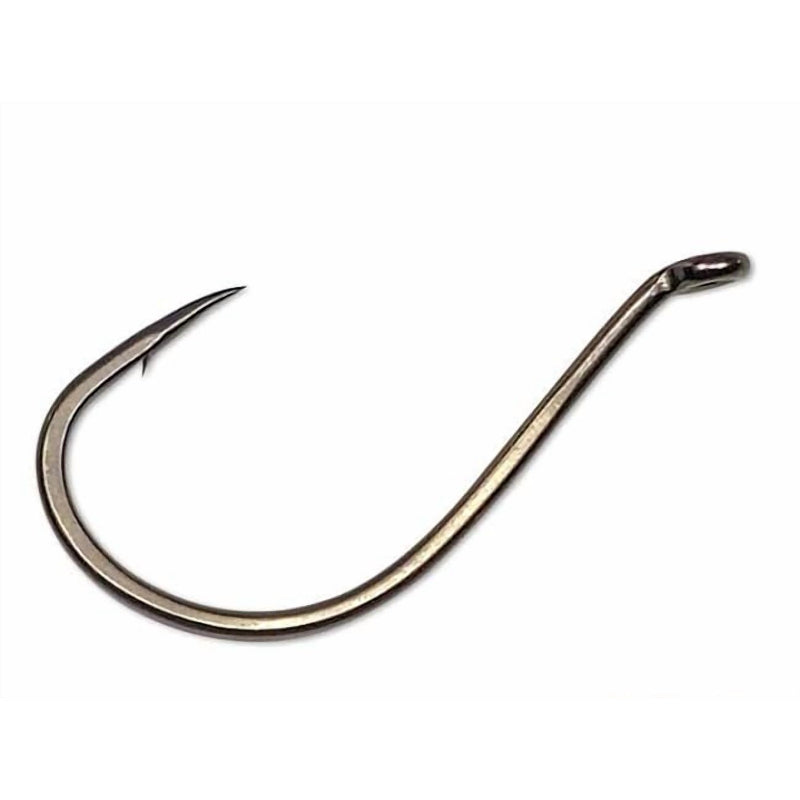 A single metallic fishing hook with a curved body, sharp point, and eyelet, shown on a plain white background.