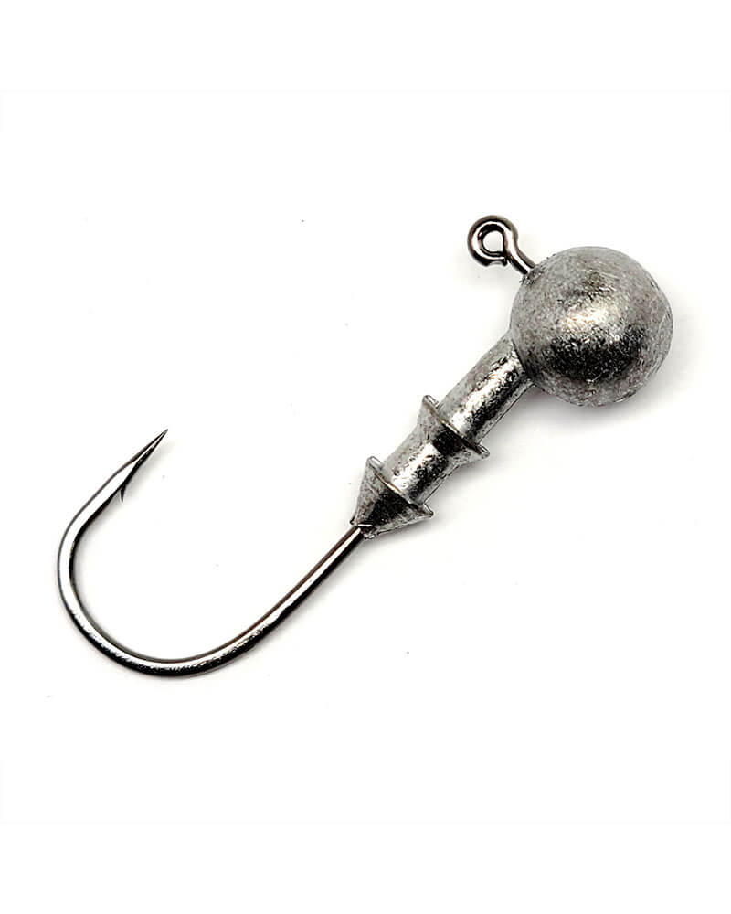 A single metallic fishing jig head with a curved hook, shown on a plain white background.