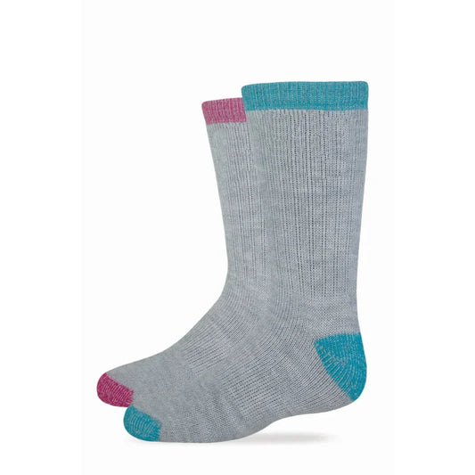 Gray sock with pink and blue accents on a white background. Willapa Outdoor