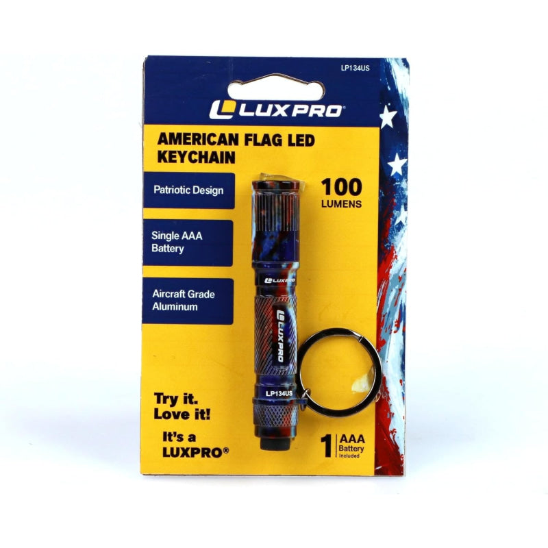 Luxpro American flag LED keychain light packaging on a white background