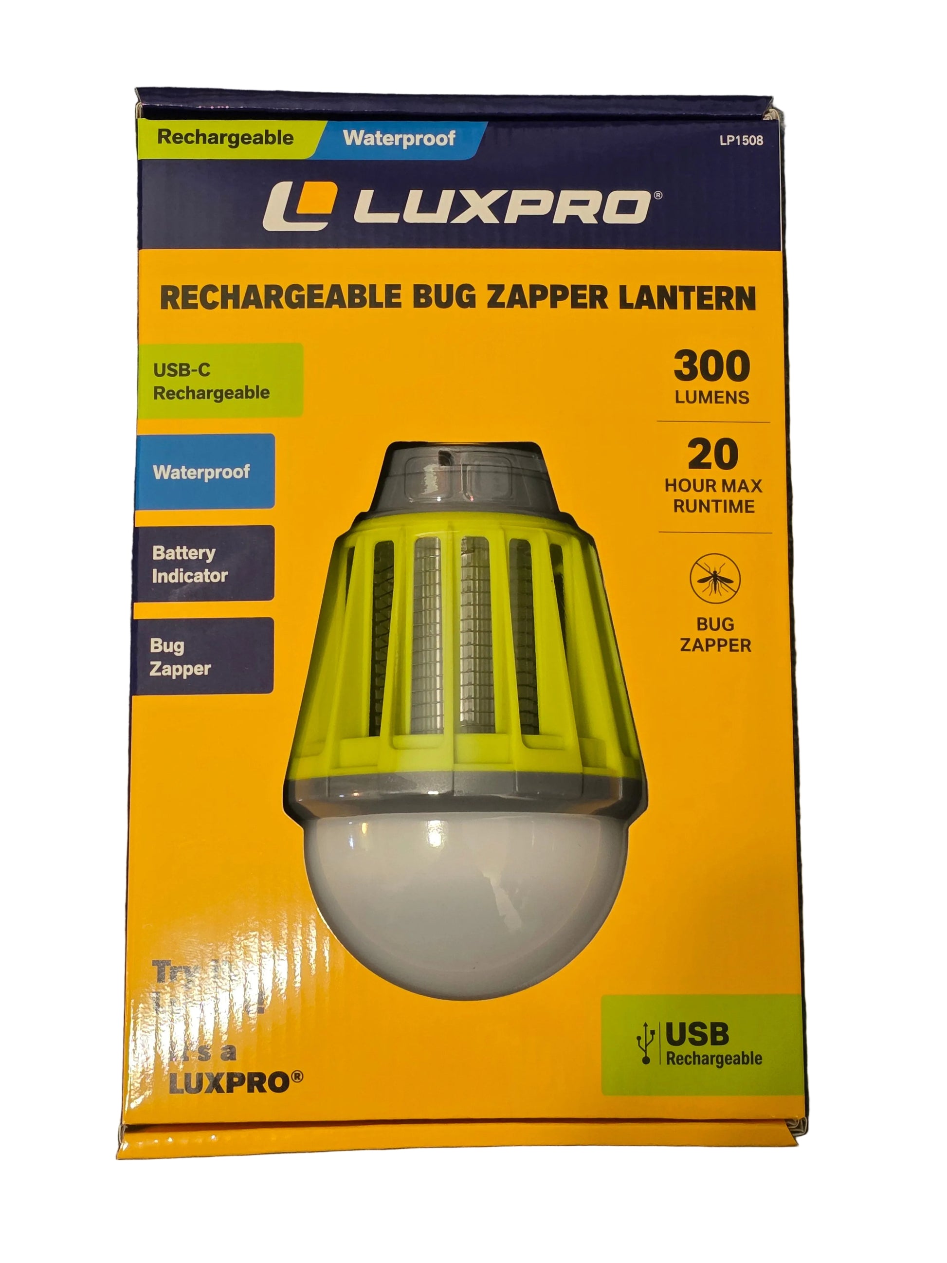 Luxpro rechargeable bug zapper lantern packaging on a dark surface