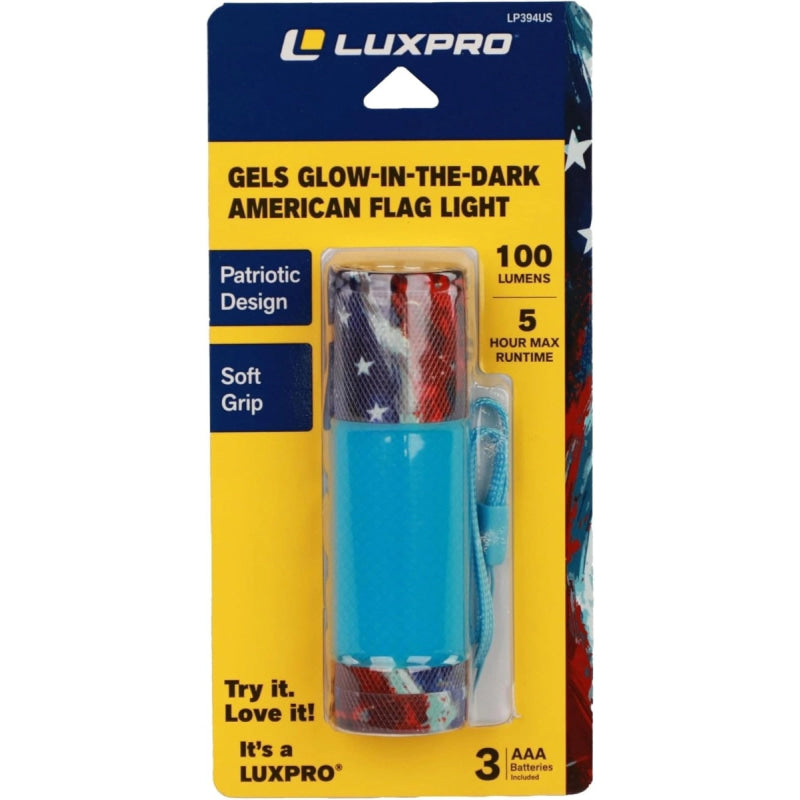 Luxpro glow-in-the-dark American flag light packaging with patriotic design.