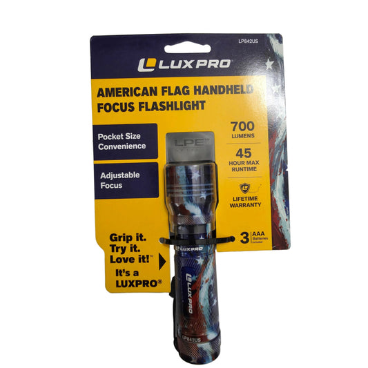 Luxpro American Flag Handheld Focus Flashlight in packaging on a white background