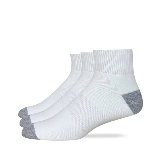 Three white socks with gray toes and heels on a white background. Willapa Outdoor