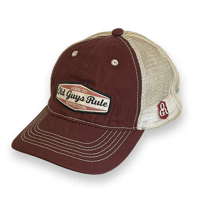 Brown and beige cap with 'Old Guys Rule' logo on a white background