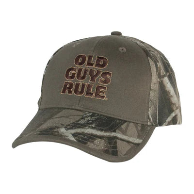 Camouflage cap with 'Old Guys Rule' text on a white background