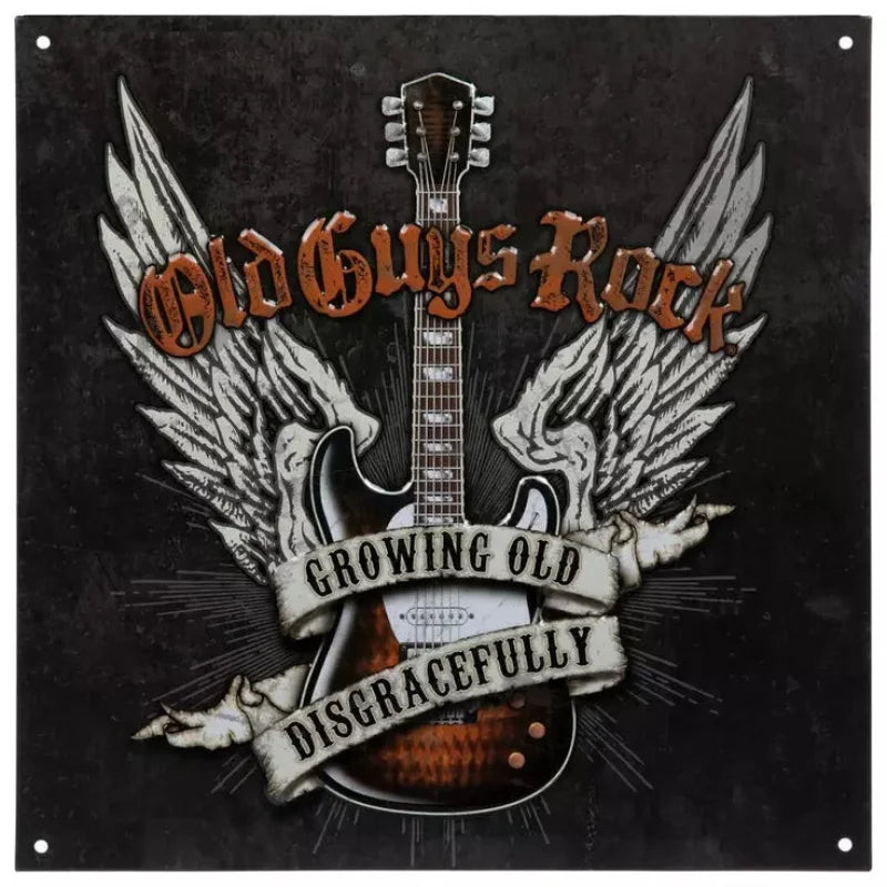 Decorative sign with a guitar, wings, and text 'Old Guys Rock Growing Old Disgracefully' on a dark background.