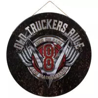 Decorative sign with 'Old Truckers Rule' text and emblem on a dark background