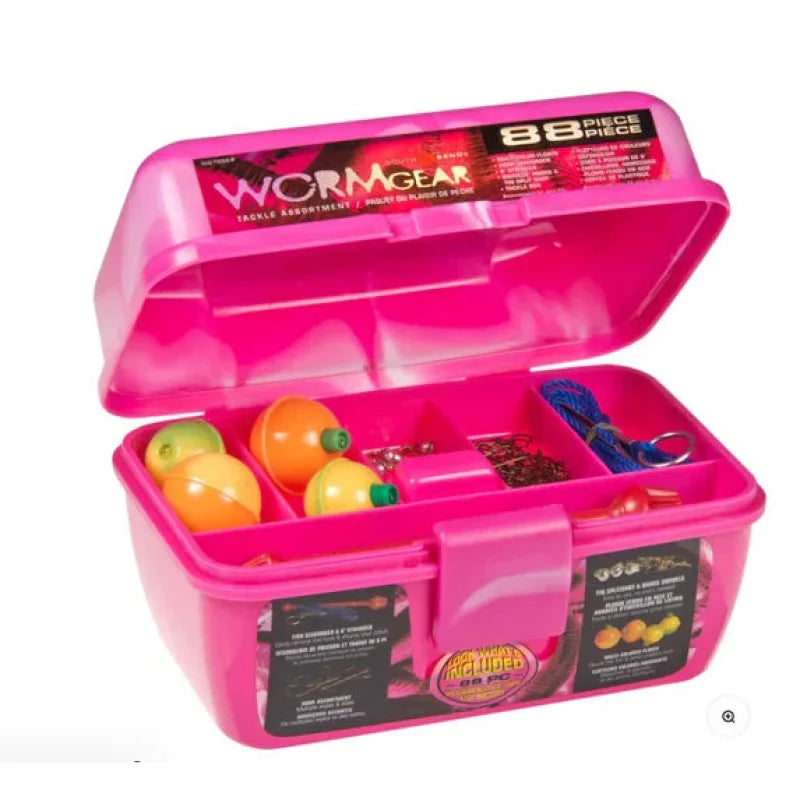 Pink tackle box with fishing accessories on a white background - Willapa Outdoor