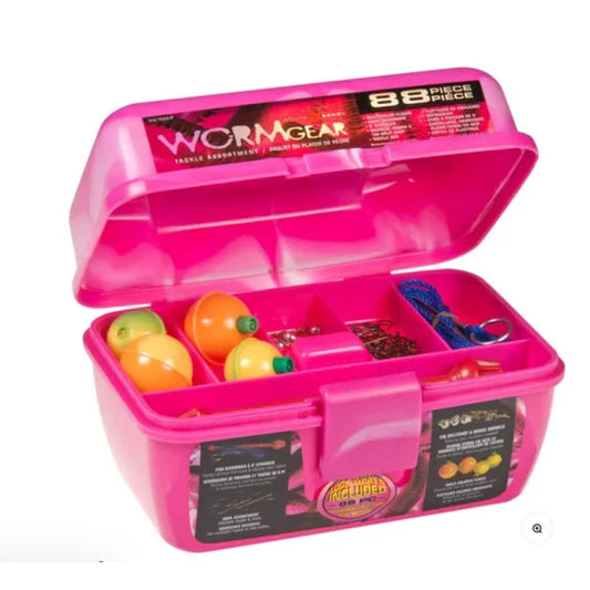 Pink tackle box with fishing accessories on a white background - Willapa Outdoor