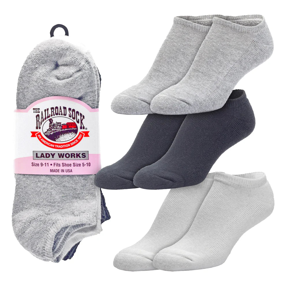 Set of gray, navy, and white ankle socks with a visible brand label on a white background.
