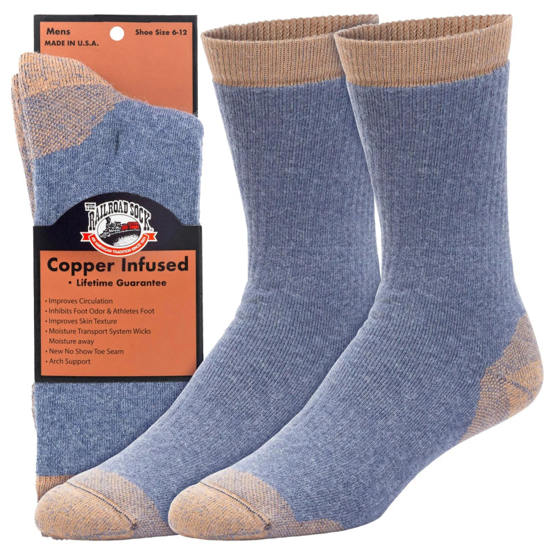 Blue socks with beige accents and a packaging label on a white background