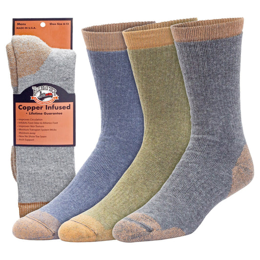 Set of four pairs of copper-infused socks with packaging on a white background