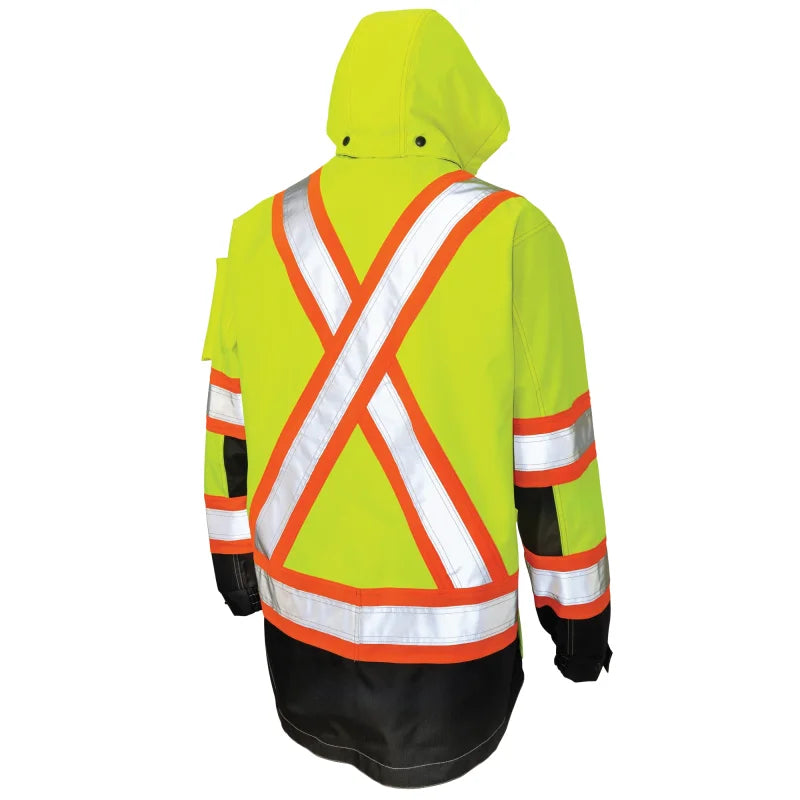 High-visibility safety jacket with reflective stripes on a white background-Willapa Outdoor