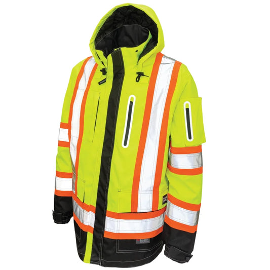 High-visibility safety jacket with reflective stripes on a white background-Willapa Outdoor