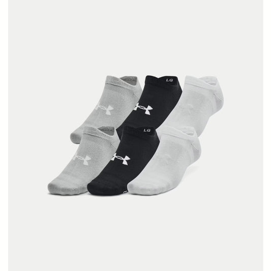 Three pairs of Under Armour socks in gray, black, and white on a light gray background. Willapa Outdoor