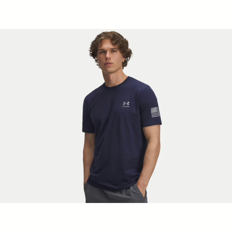 Man wearing a navy Under Armour t-shirt with a logo on a white background Willapa Outdoor